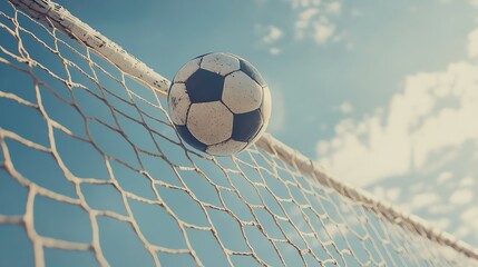 A soccer ball in the net of a goal.