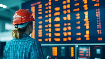 A person in a hard hat analyzes data displayed on a large digital screen in a control room.