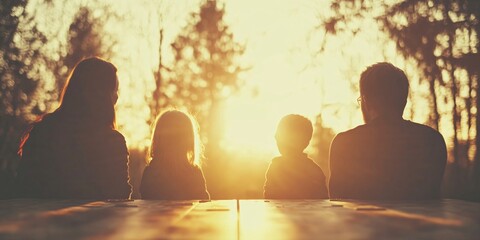 Family silhouettes watching sunset together outdoors. Peaceful evening lifestyle concept. Parent children bonding moment. Documentary photography with copy space