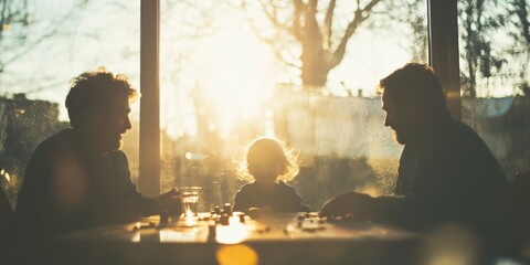 Family silhouettes at golden sunset near window. Peaceful evening lifestyle concept. Parent child bonding moment. Documentary photography with copy space