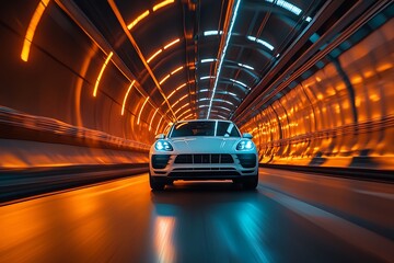 Speeding electric sports car on neon tunnel. Future supercar on a tunnel with colourful lights trails. 3D rendering.