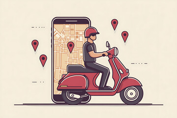 Illustration of a cartoon-style delivery man on a scooter, featuring a digital map with route from restaurant to customer in vector design.
