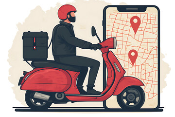 Illustration of a cartoon-style delivery man on a scooter, featuring a digital map with route from restaurant to customer in vector design.
