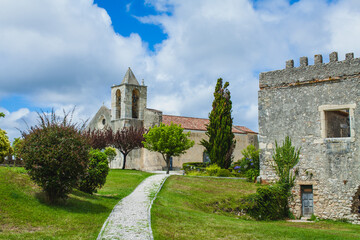 A narrow stone path leads through a grassy landscape towards a historic building and ruins