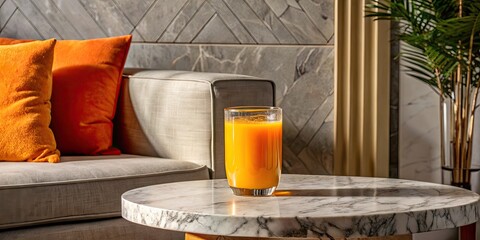 Canvas Print - Refreshing orange juice on a marble table near a comfy sofa.