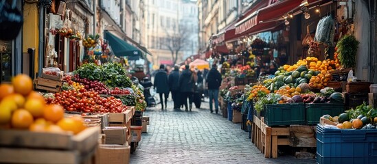 A bustling street market with fresh produce on display, people shopping and walking in a narrow street.