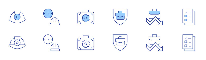 Work icon set in two styles, Duotone and Thin Line style. Editable stroke. helmet, shield, working hours, work in progress, employment, file