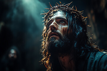 Jesus Christ illuminated by a single beam of light from above. A crown of thorns rests on His head, casting soft shadows on His serene face. The scene is somber and reverent	
