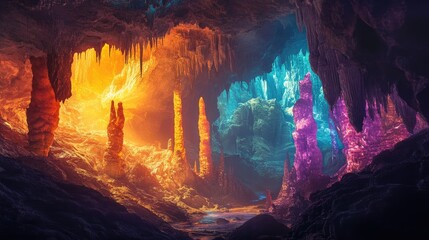 Stunning stalactites and stalagmites in a cave, bathed in soft light, with vibrant colors giving the space a paradise-like appearance