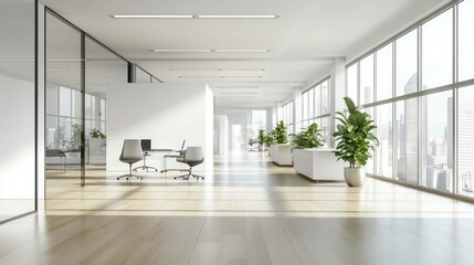 A spacious architectural design showcasing an empty apartment corridor, with a door leading to the hall and a bright window, emphasizing openness and tranquility.