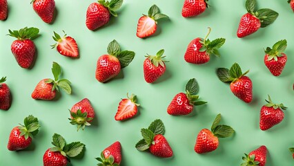 Sticker - Fresh strawberries artistically arranged on a pastel green surface.