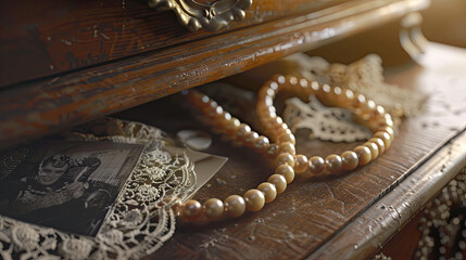 Vintage pearl necklace on an antique dresser, softly glowing among lace and old photographs.