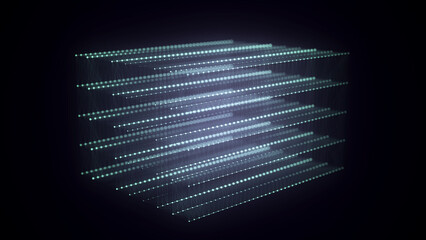 Leinwandbilder - Abstract blue cube with connecting dots and lines. Big data visualization. Blockchain technology concept. Wireframe network connection structure. 3d rendering.