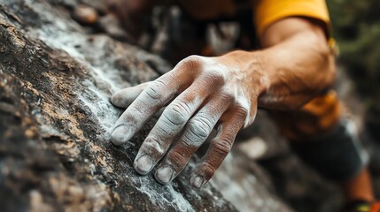 Wall Mural - Close up of chalked hands gripping a rock face.