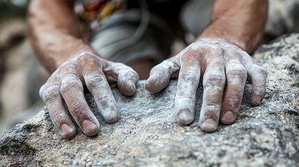 Wall Mural - Close up of chalked hands gripping a rock face.