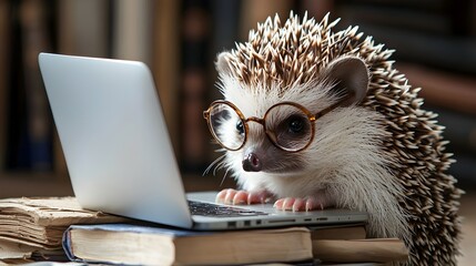 nerdy hedgehog studying intently on tiny laptop surrounded by books