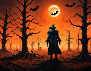 Halloween' Day with orange pumpkin, black bat, dead tree and big orange moon.