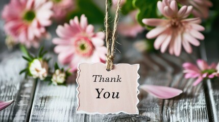  thank you paper label on wooden background with spring flowers