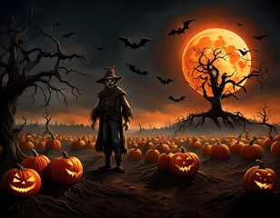 Halloween' Day with orange pumpkin, black bat, dead tree and big orange moon.