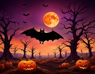 Halloween' Day with orange pumpkin, black bat, dead tree and big orange moon.