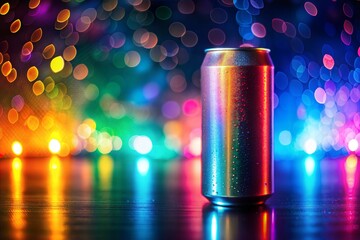 Wall Mural - reflective aluminum can with water drops and colorful bokeh lights