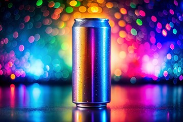 Wall Mural - energy drink can with blue-purple gradient against festive bokeh background