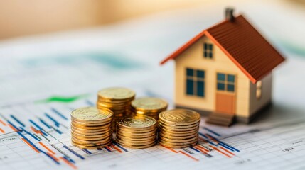 Fototapete - Stacks of gold coins sit on a graph beside a model house. The graph has colorful lines and numbers.