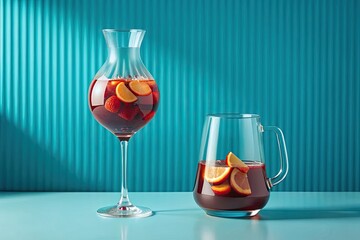 Wall Mural - A glass pitcher and goblet filled with fruity sangria.