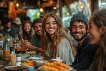 A group of young friends enjoy a meal together at a restaurant.