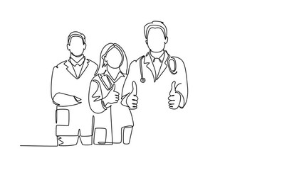 Wall Mural - Animated self drawing of continuous line draw group happy doctors giving thumbs up gesture for best healthcare service in hospital. Medical great team work concept. Full length single line animation