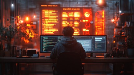A programmer sits at a desk in a dimly lit room with multiple monitors, working on code.