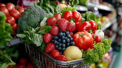 Grocery shopping cart loaded with various food and household items displayed in a supermarket or grocery store aisle showcasing the convenience and variety of consumer products available for purchase