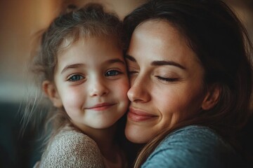 Latin mother comforting her sad crying daughter, little girl hugging her mom, sitting on sofa in living room at home interior, closeup. Motherhood, mother love, Generative AI