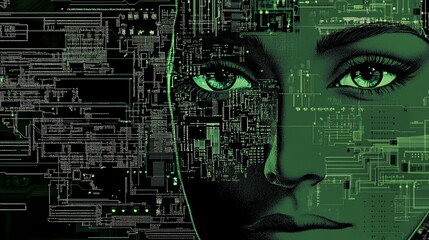 A woman's face is overlayed with a circuit board and data.