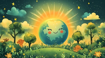 Wall Mural - quirky retro cartoon planet with a smiling face surrounded by playful trees and cheerful animals cel