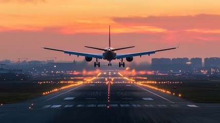 a plane landing on a runway at sunset.