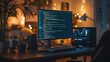 Coding Workspace with Computer and Lights