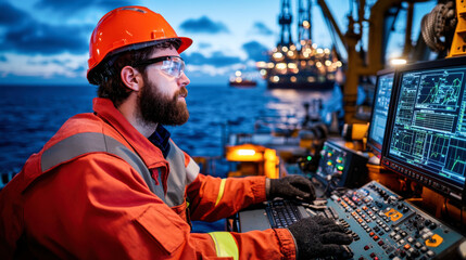 worker in orange safety helmet and protective gear operates machinery in offshore control room, focused on multiple screens displaying technical data. ocean and oil rigs are visible in background,