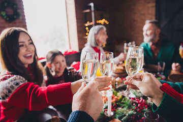 Poster - Portrait of friendly peaceful family clink champagne gather celebrate new year xmas flat indoors