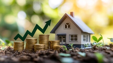 Aufkleber - Stacks of coins represent increasing value alongside a miniature house in a lush green environment. The sunlight illuminates the growth potential of real estate investments amidst nature.