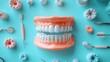 © GenZ_Pro - Realistic dental model paired with essential dental equipment on a light blue background promoting dental hygiene Crisp and modern layout with space for informative text or branding