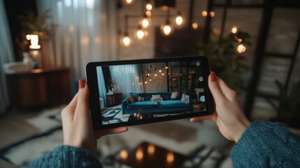 Aufkleber - A person holds a mobile device to photograph a beautifully decorated living room featuring a blue couch, warm lighting, and cozy decor. The inviting atmosphere showcases modern design elements.