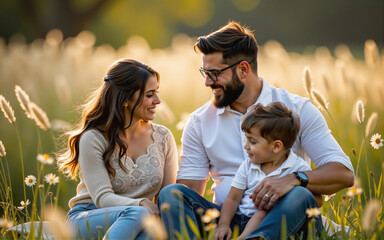 Happy family relaxing together in field of flowers at sunset