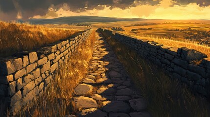 Sticker - Roman road bordered by low stone walls path leading into a sunlit plain shadows cast dramatically by walls