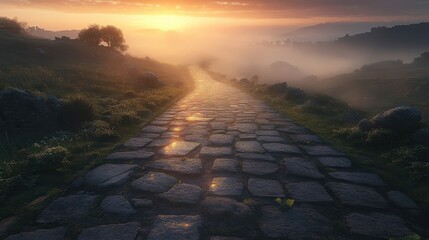 Poster - Roman road covered in morning dew glistening stones leading through misty valley sunlight breaking through fog