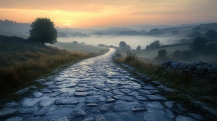 Poster - Dew-covered Roman road at dawn misty hills and soft light breaking through fog creating a peaceful scene