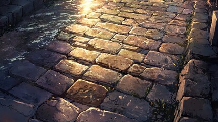 Poster - Flooded Roman road with stone pavement visible through pools of water sunlight reflects softly