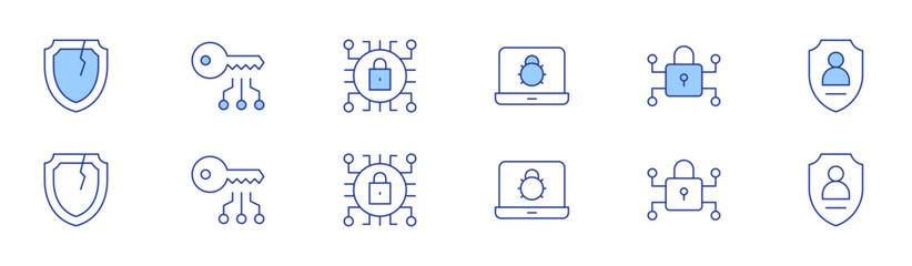 Cyber security icon set in two styles, Duotone and Thin Line style. Editable stroke. broken shield, bug, cyber attack, cyber security