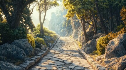 Poster - Roman road through forest sunlight filtering through trees dappled light across worn stone path