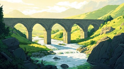 Poster - Roman bridge arches spanning river sunlight highlights cracks in stone water rushing below